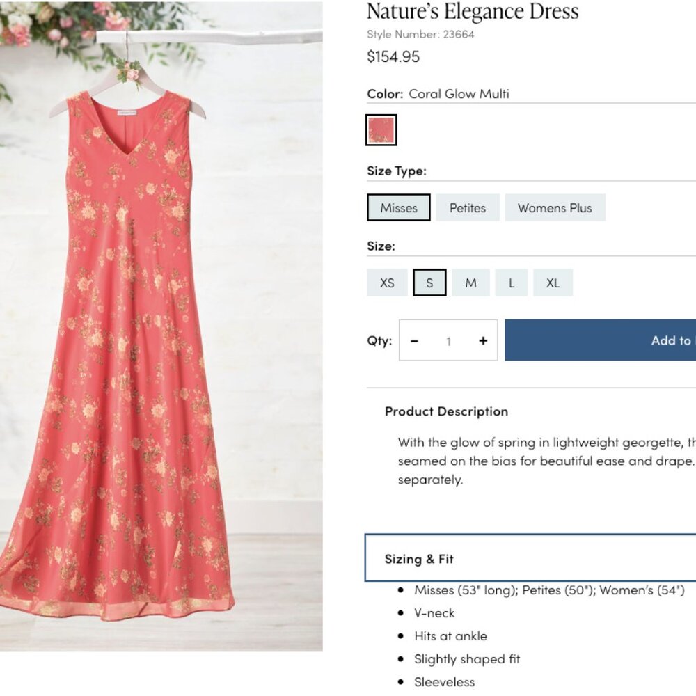 Natures Elegance Dress - Coldwater Creek- Coral